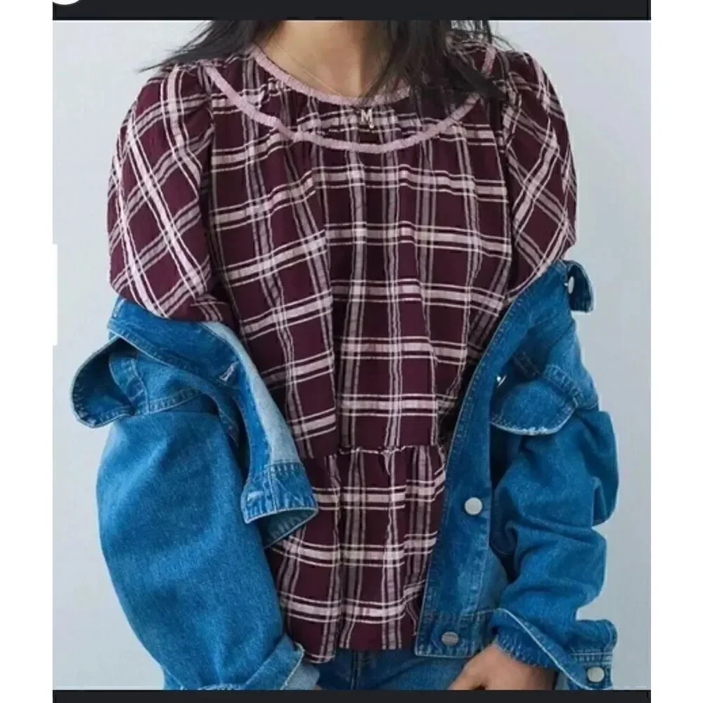 Find Me Now Anthropologie kady plaid puff sleeve blouse M